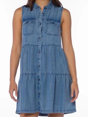 Velvet Heart Denim Blue Sleeveless Tiered Button Mini Dress